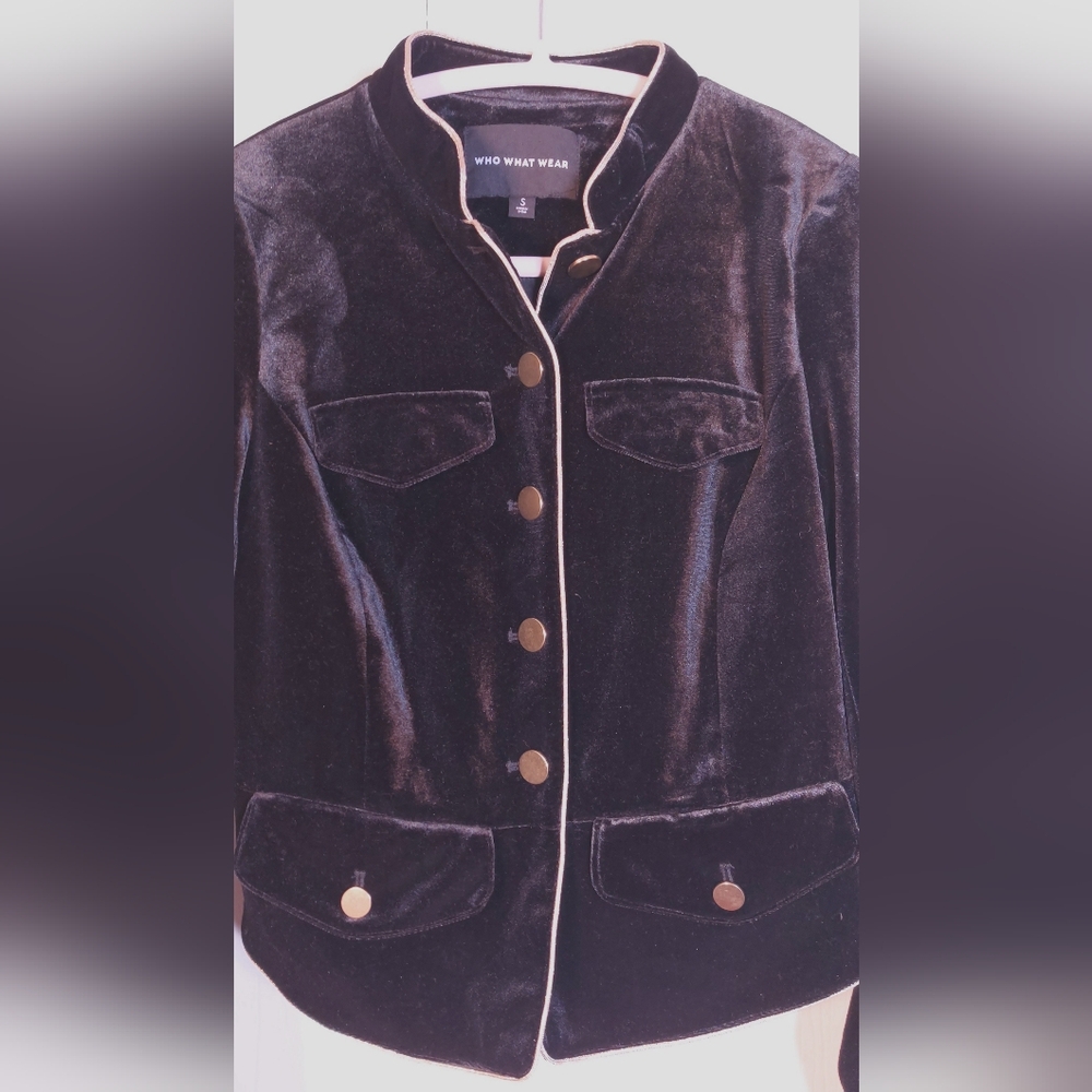 Who What Wear Black Velvet Lined Jacket Size Small Military Style Gold Trim Glam - Picture 3 of 12